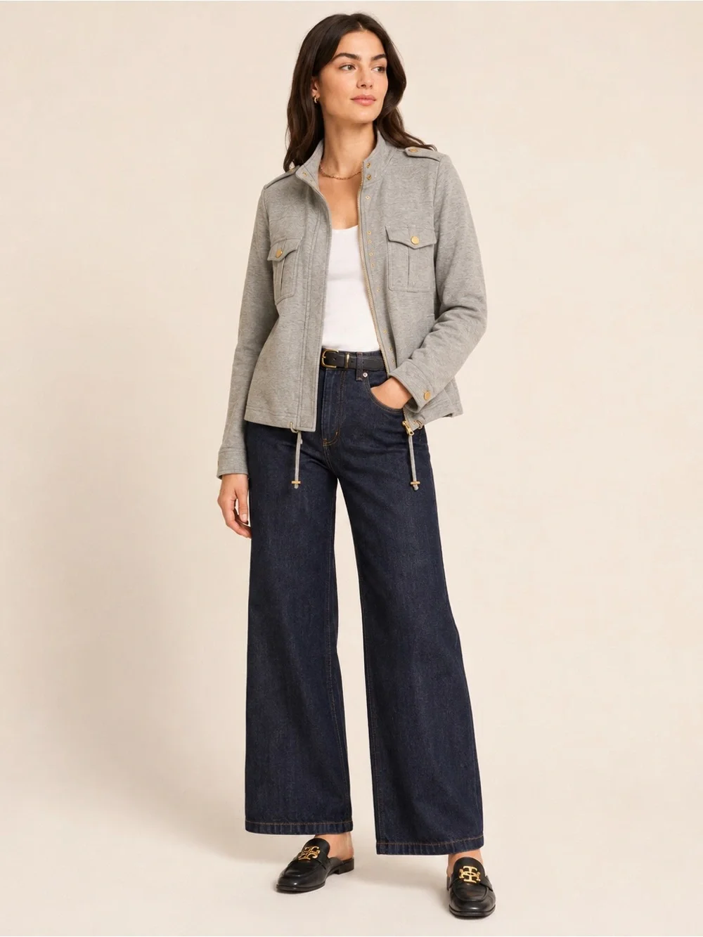 Tory Burch Light Gray Military Knit Utility Jacket Gold Buttons M